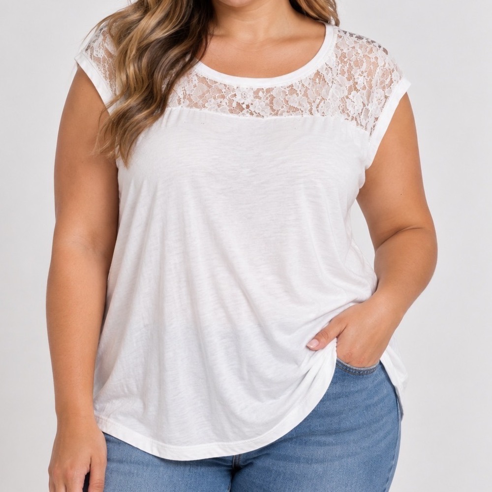Plus Size 2X Pima Cotton White Lace Yoke Top Beaded Romantic Boho Blouse